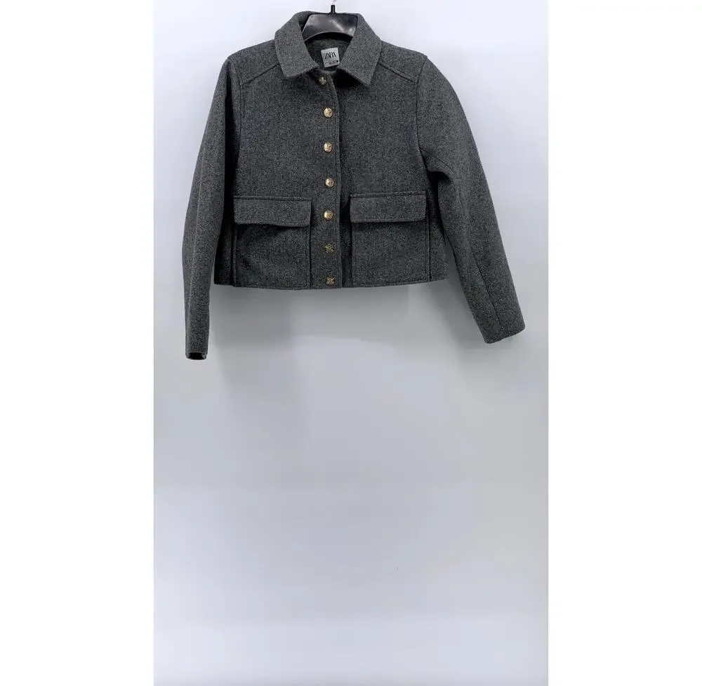 ZARA Women's Charcoal Gray Button-Up Long Sleeve Soft Knit Blazer SZ S